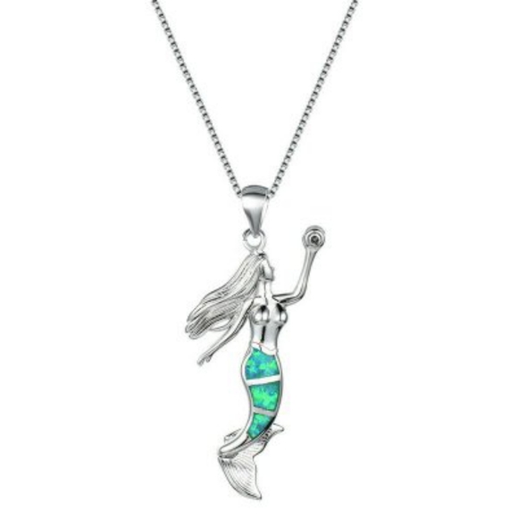 925 Silver Mermaid Green Fire Opal Necklace - Picture 1 of 4